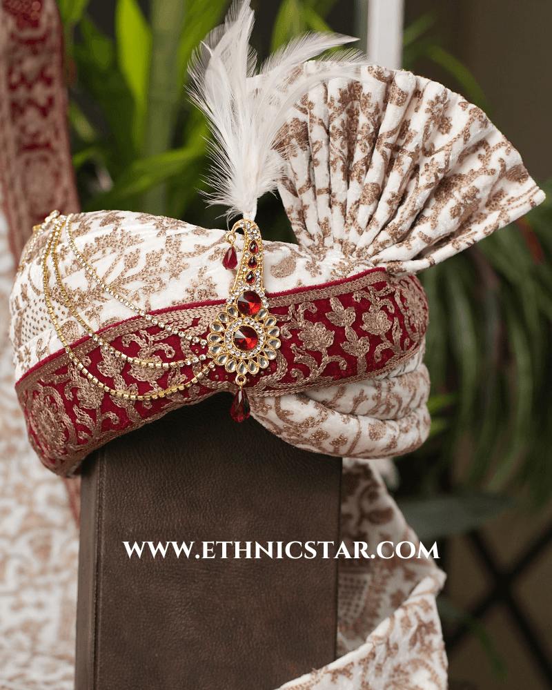 Off White And Maroon Thread Embroidered Safa In Velvet