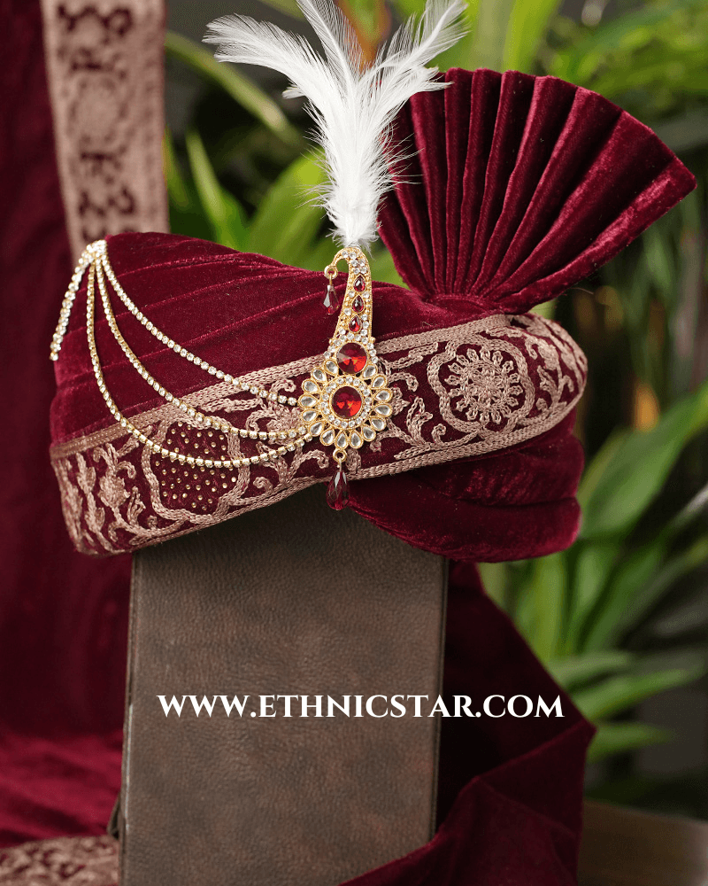Maroon Embroidered Velvet Safa For Groom