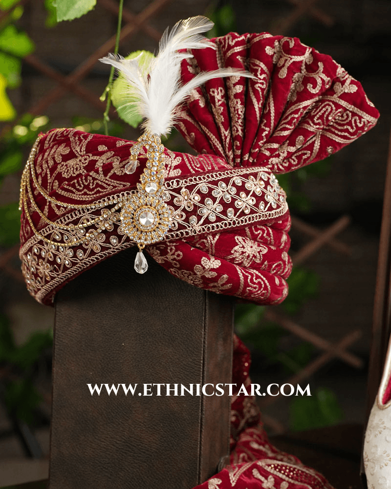Red Velvet Fabric Embroidered Safa For Wedding