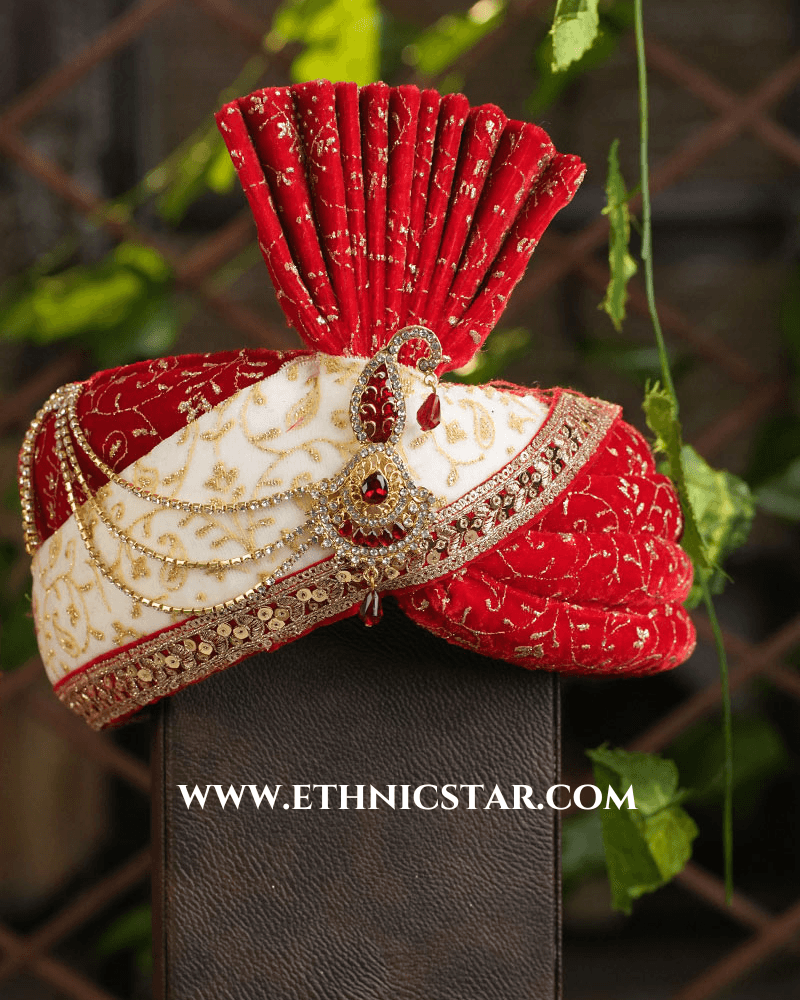Off White And Red Color Safa In Velvet