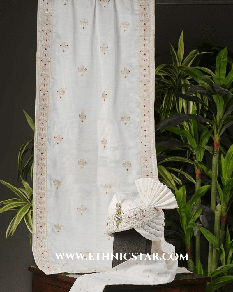 White Chanderi Fabric Turban And Dupatta