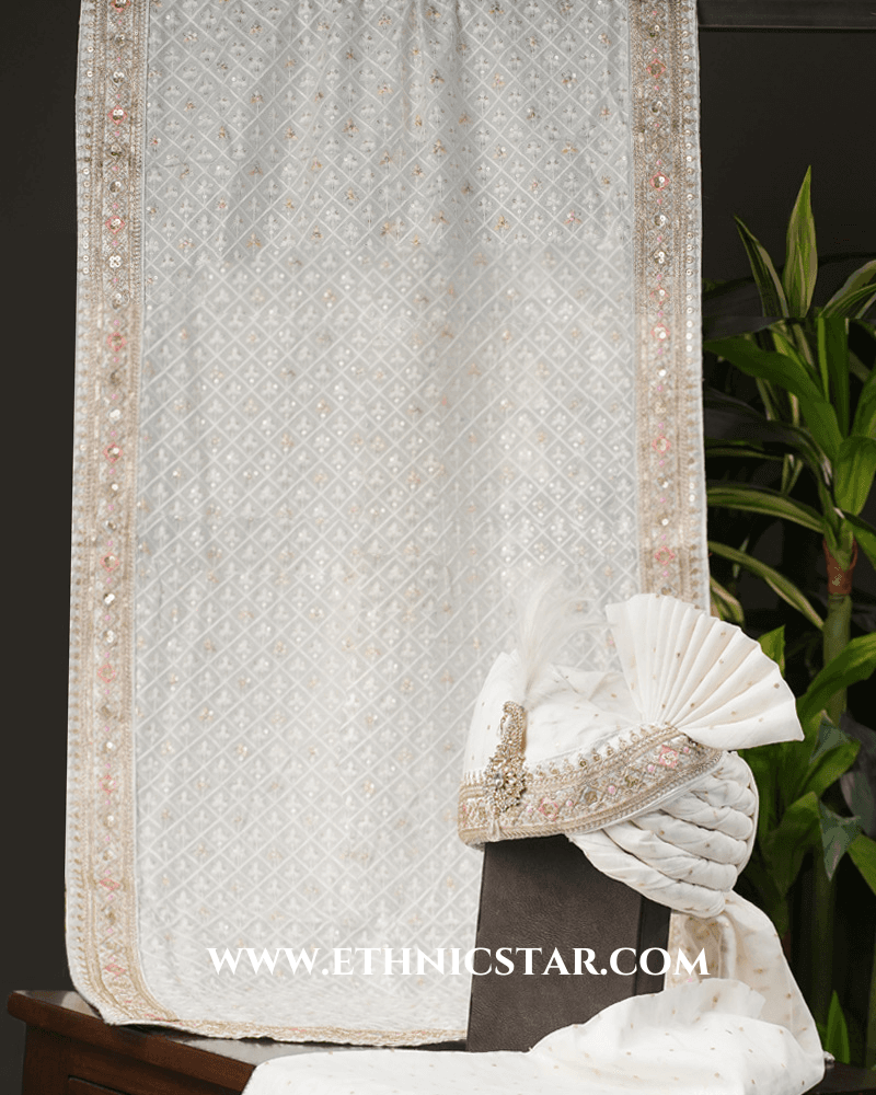 Wedding Wear Embroidered Safa And Dupatta In White Color