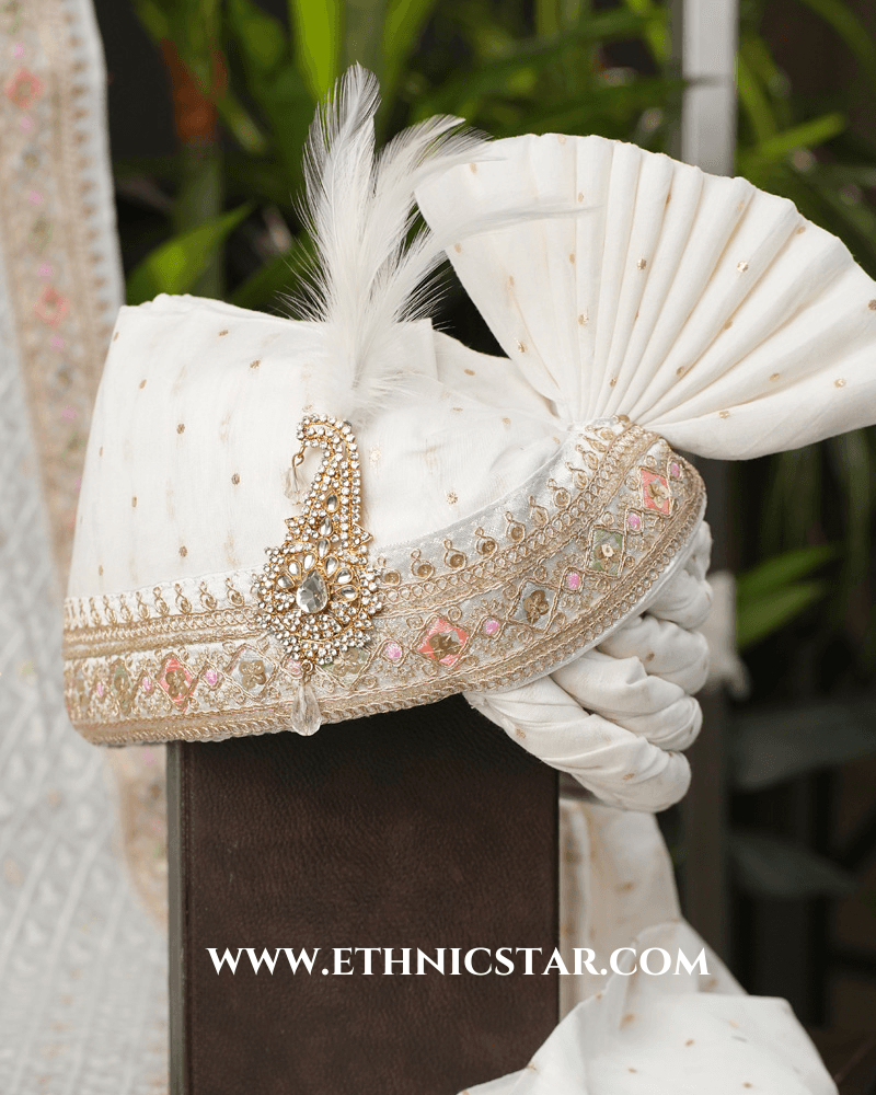 Wedding Wear Embroidered Safa And Dupatta In White Color