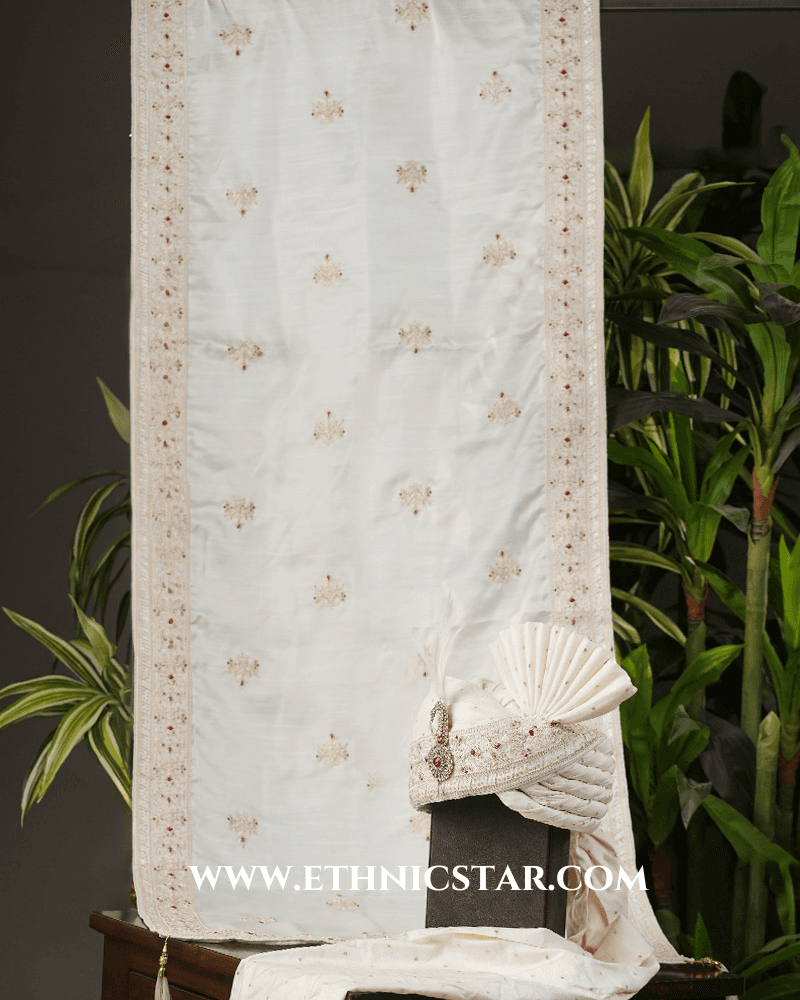 Off White Chanderi Groom Safa And Dupatta With Embroidery
