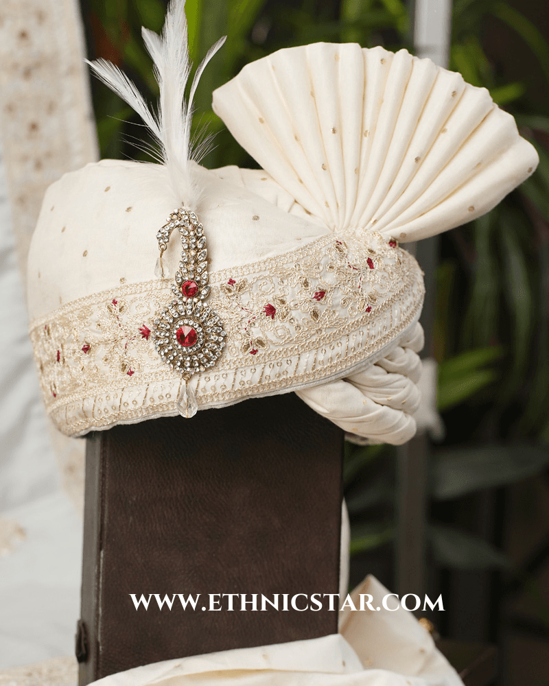 Off White Chanderi Groom Safa And Dupatta With Embroidery