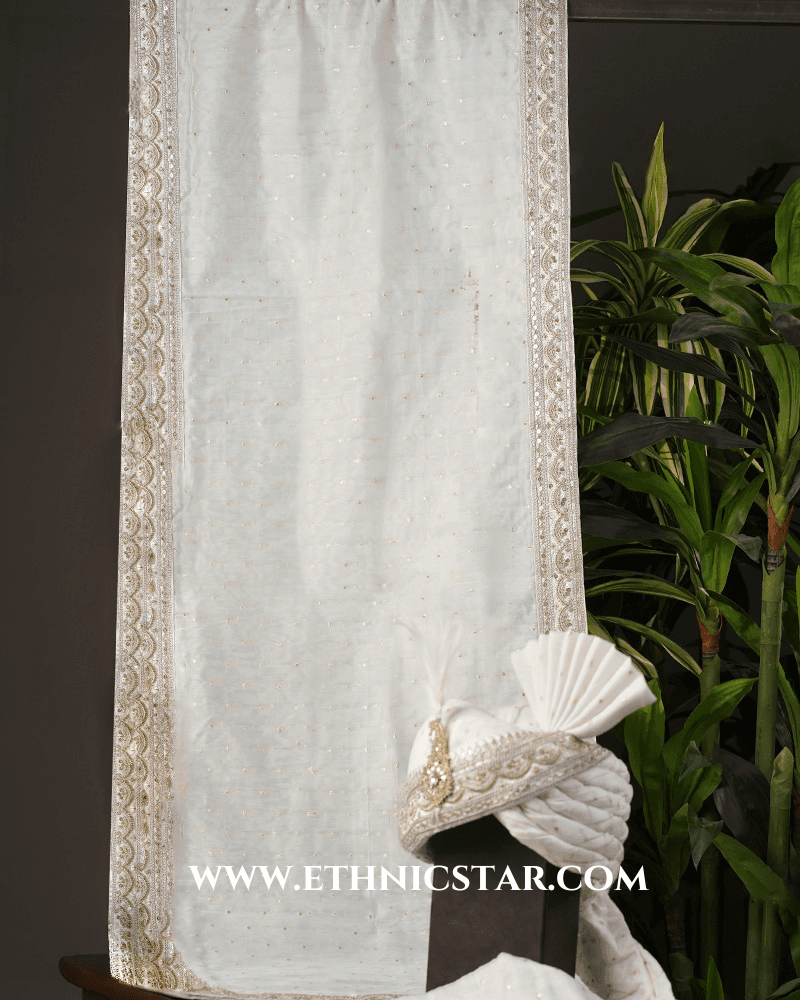 Embroidered Border White Turban And Dupatta Set