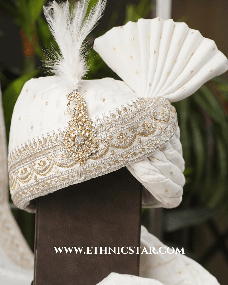 Embroidered Border White Turban And Dupatta Set