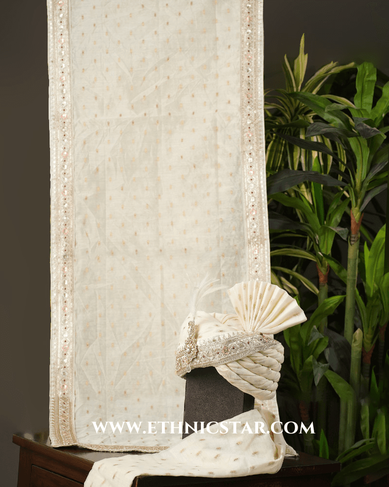 Cream Readymade Safa And Dupatta Set With Chanderi Fabric