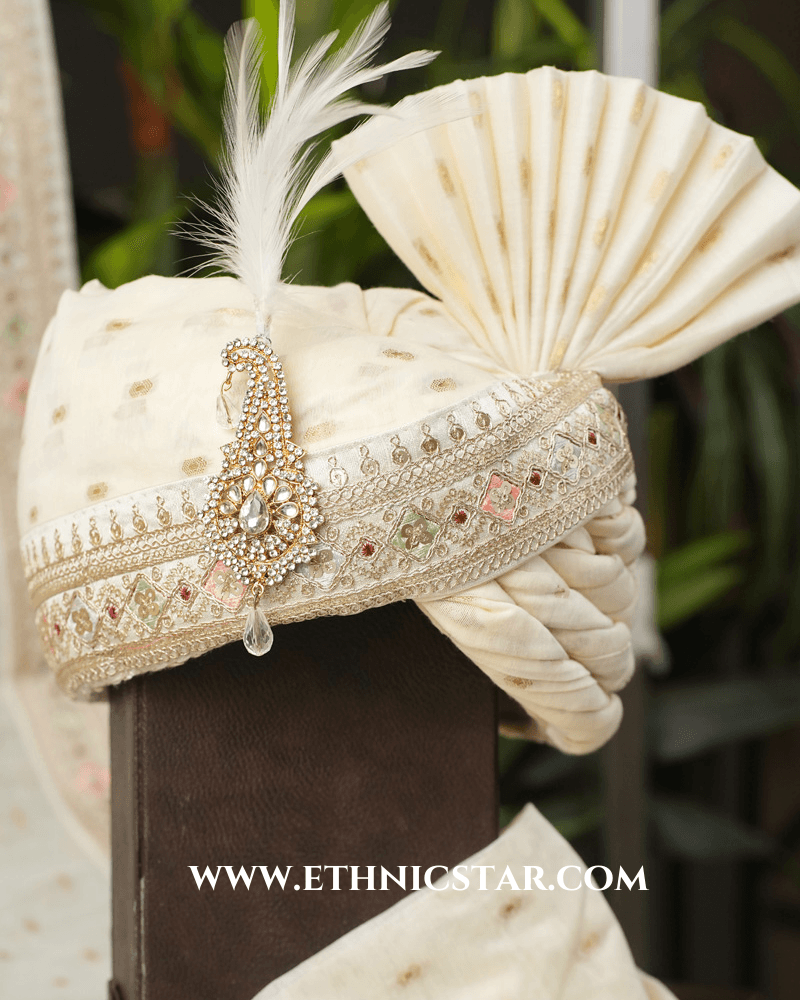 Cream Readymade Safa And Dupatta Set With Chanderi Fabric
