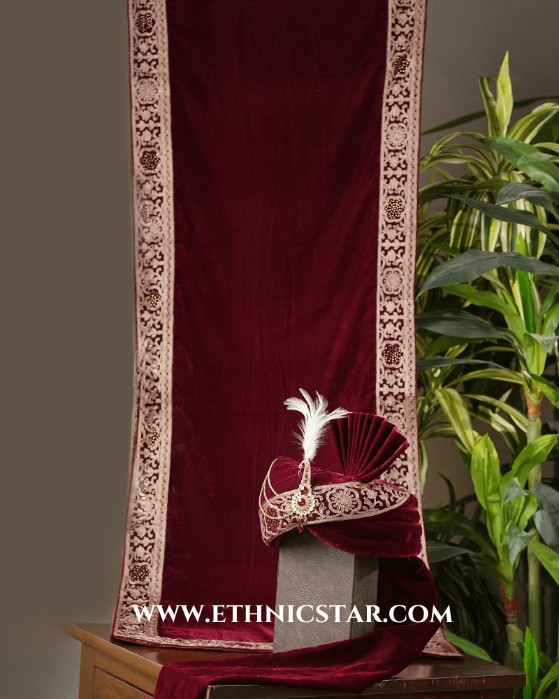Velvet Wedding Safa And Dupatta Set In Maroon Color