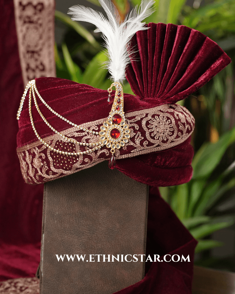 Velvet Wedding Safa And Dupatta Set In Maroon Color
