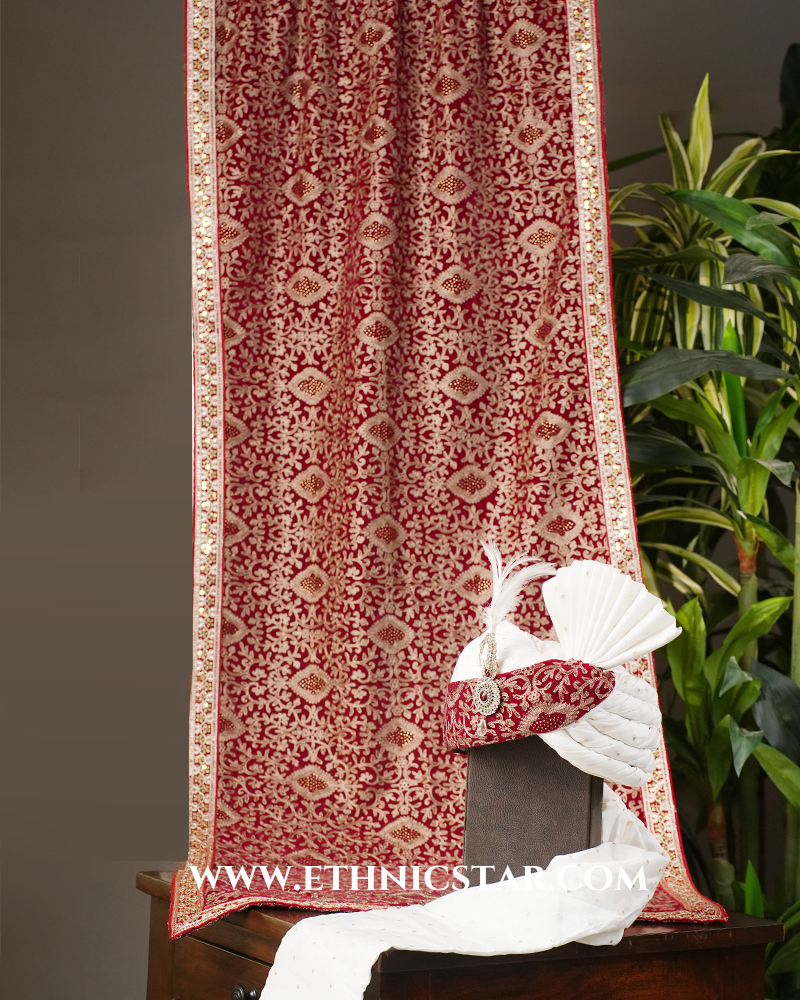Off White And Red Embroidered Turban And Dupatta Set