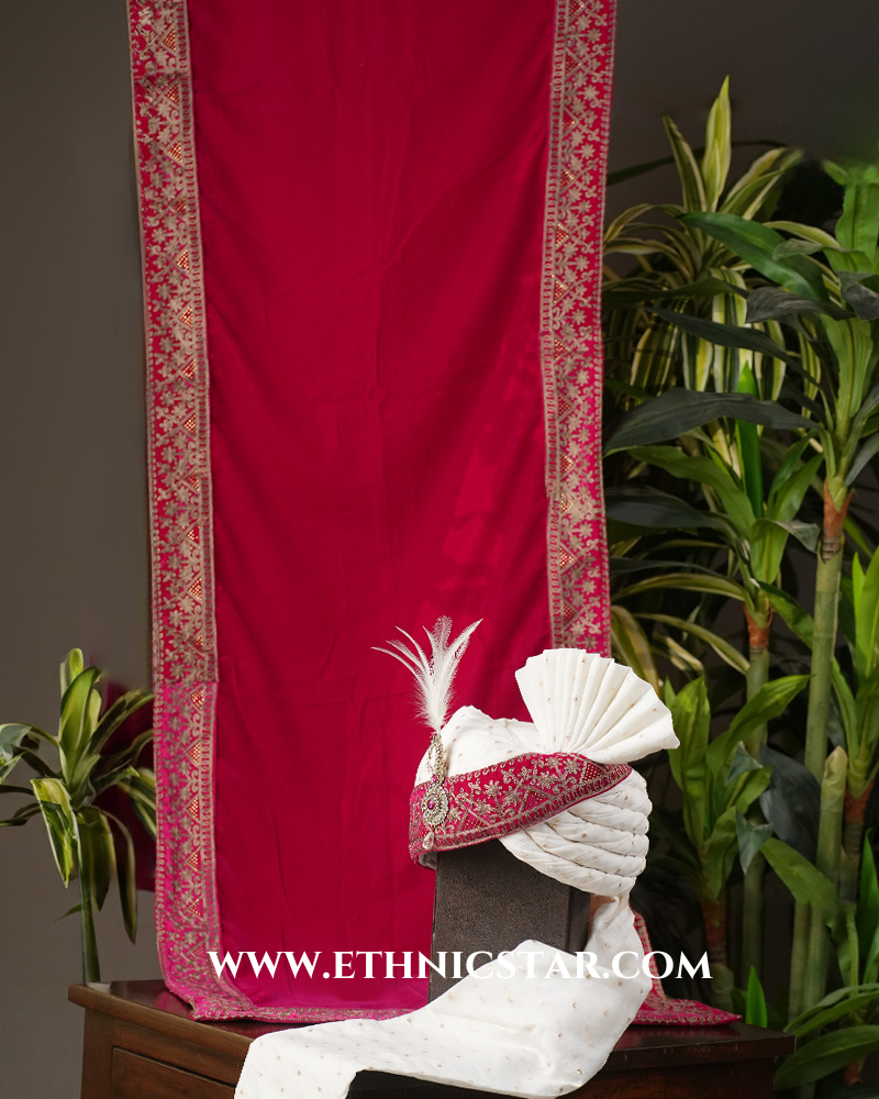 Classy Off White And Rani Thread Embroidered Turban And Dupatta