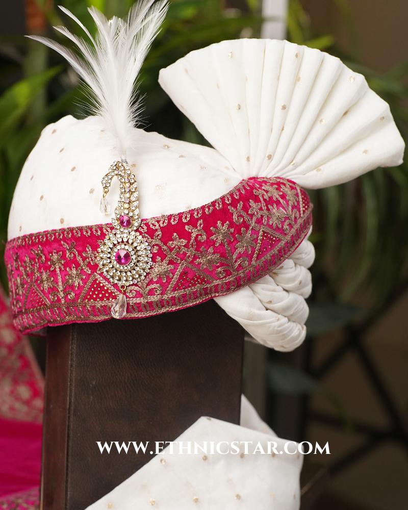 Classy Off White And Rani Thread Embroidered Turban And Dupatta