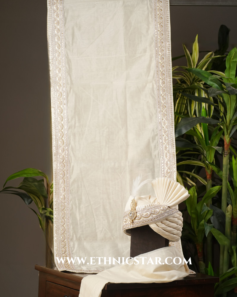 Classic  Embroidered  Turban And Dupatta In Cream Color