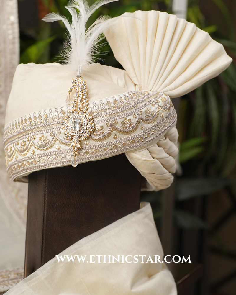 Classic  Embroidered  Turban And Dupatta In Cream Color