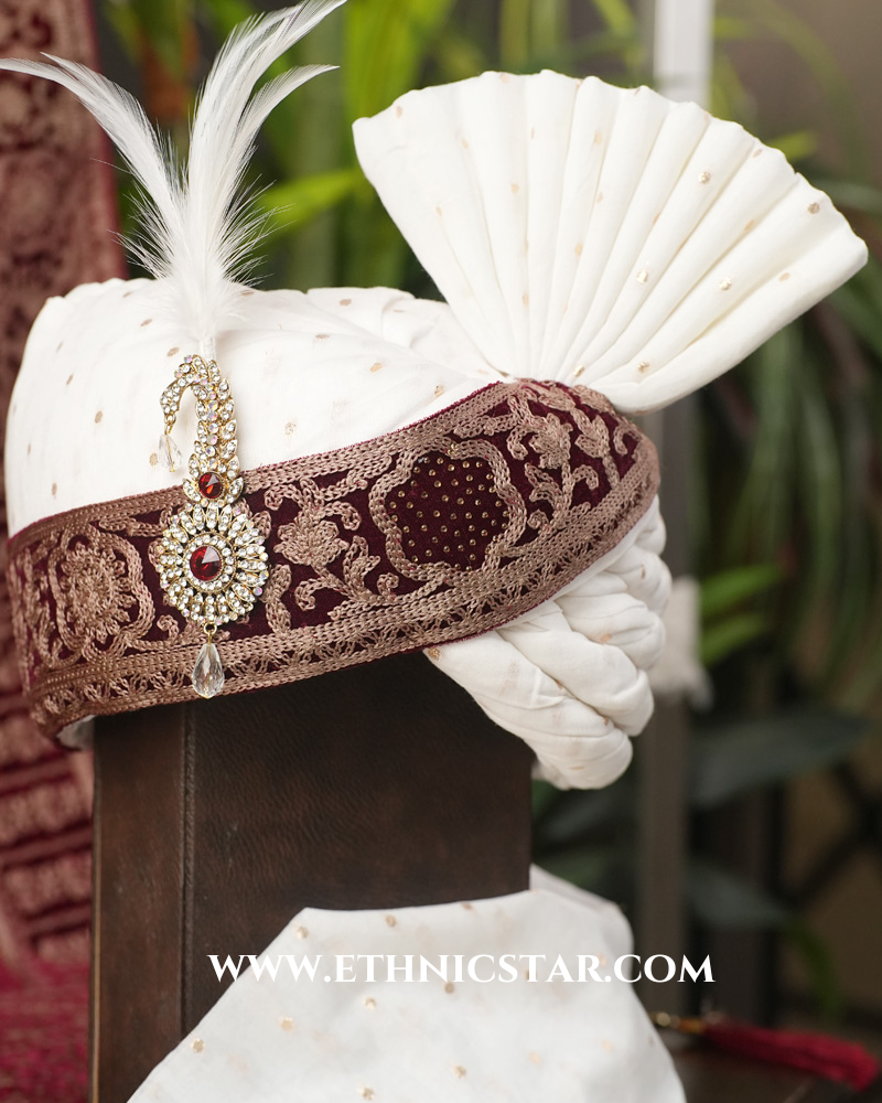 Wedding Wear White Turban And Maroon Dupatta With Thread Embroidery