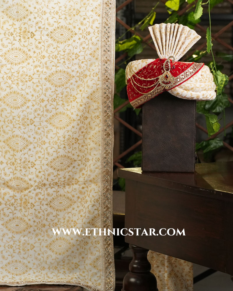 Cream Velvet Groom Wear Safa And Dupatta