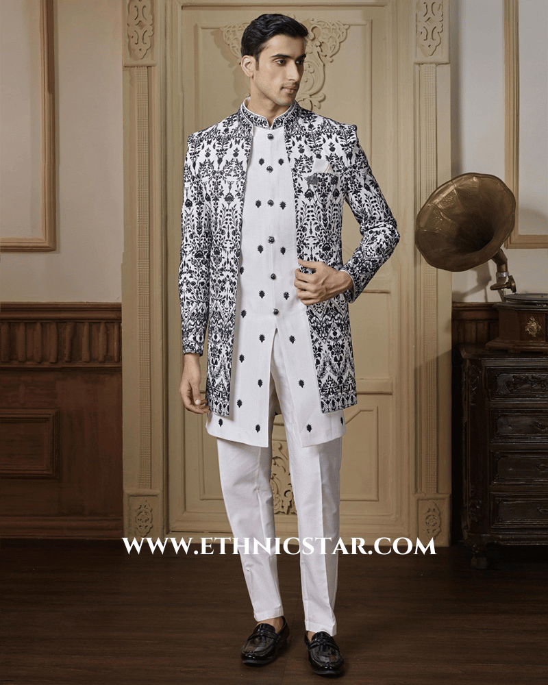White Silk Indowestern Set With Embroidered Jacket