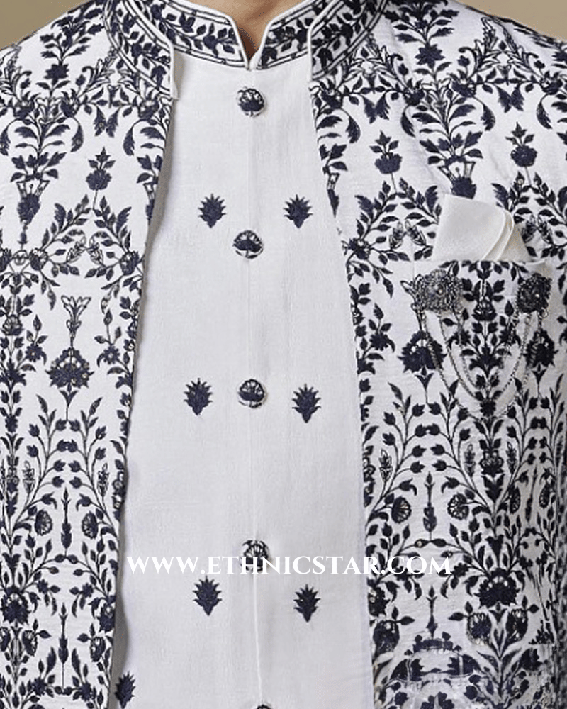 White Silk Indowestern Set With Embroidered Jacket