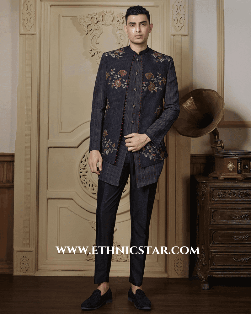 Black Silk Thread Embroidered Indowestern Fusion Jacket Set