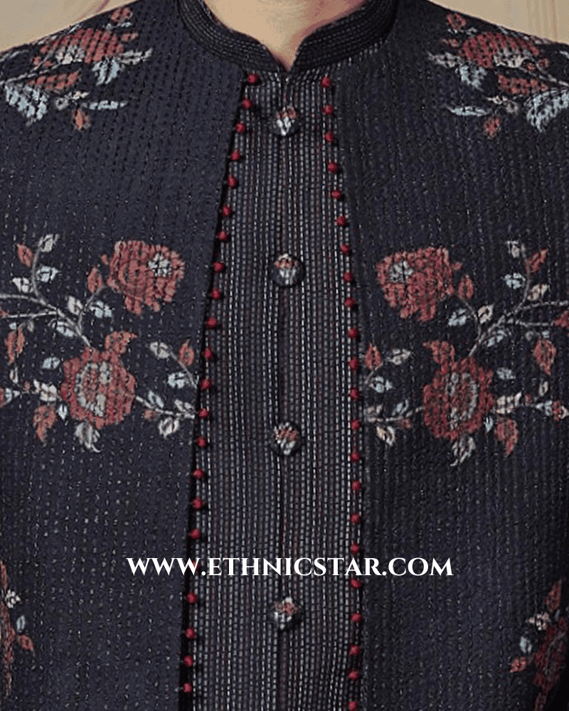 Black Silk Thread Embroidered Indowestern Fusion Jacket Set