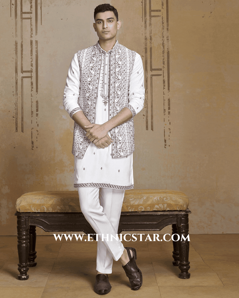 Off White Nehru Jacket Set With Embroidered Work