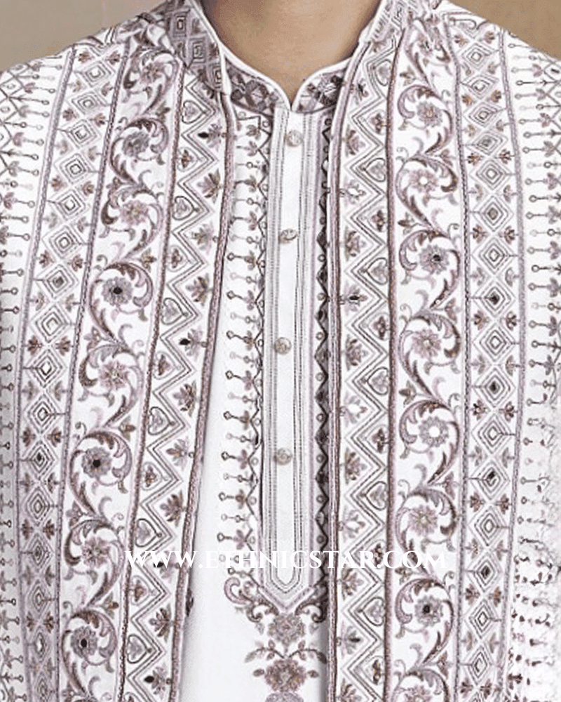 Off White Nehru Jacket Set With Embroidered Work