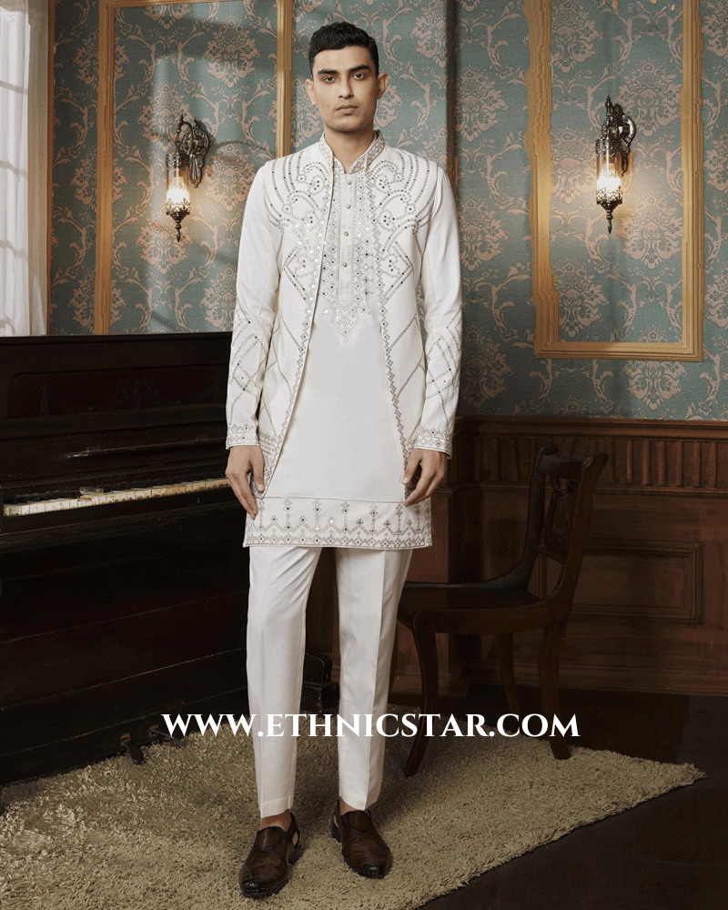 Stylish Mirror Embroidered Cream Nehru Jacket Set