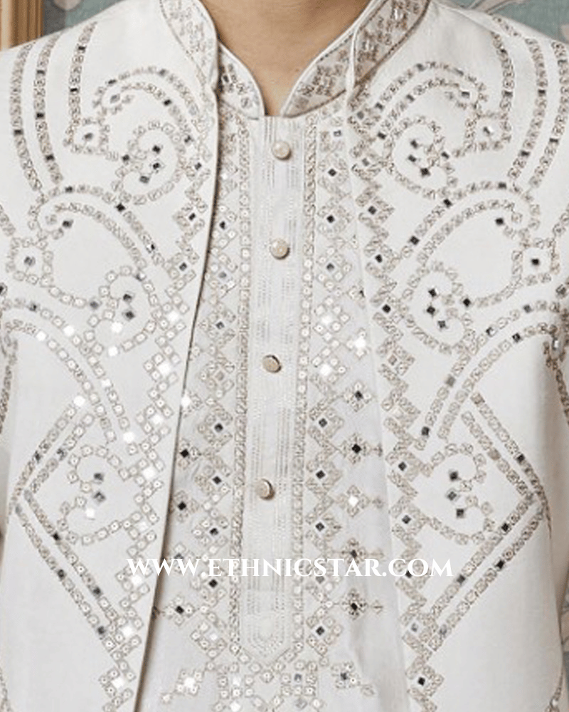 Stylish Mirror Embroidered Cream Nehru Jacket Set