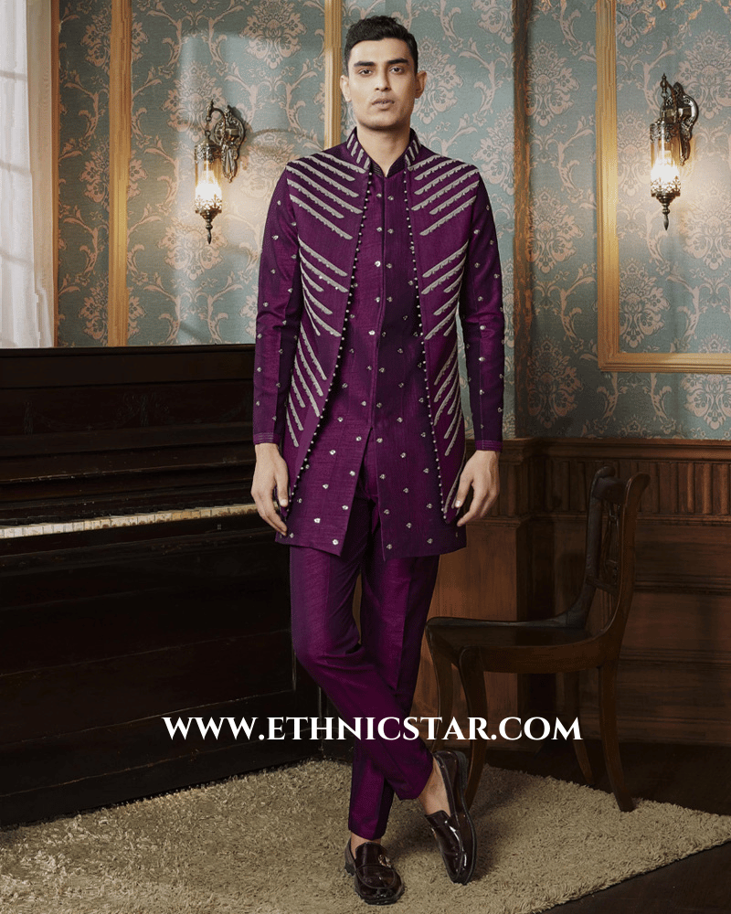 Festive Wear Purple Embroidered Nehru Jacket Set For Men