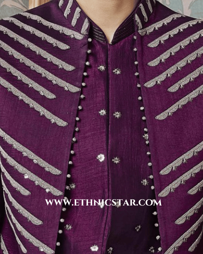 Festive Wear Purple Embroidered Nehru Jacket Set For Men