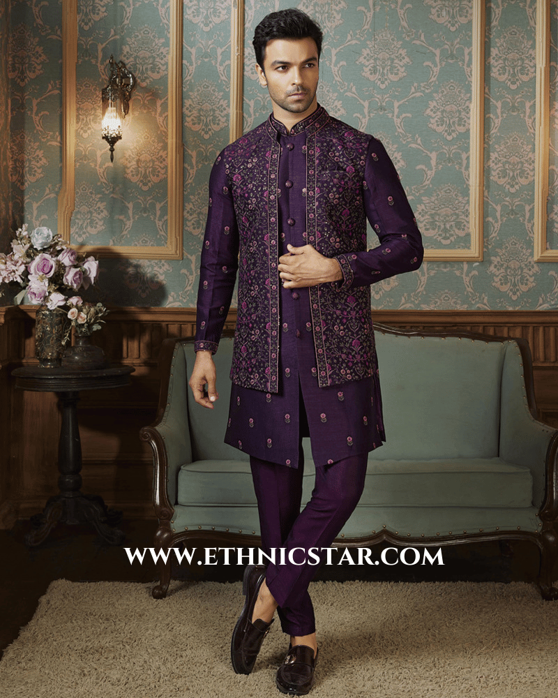 Readymade Dark Purple Silk Thread Embroidered Nehru Jacket Set