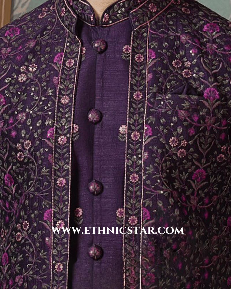Readymade Dark Purple Silk Thread Embroidered Nehru Jacket Set