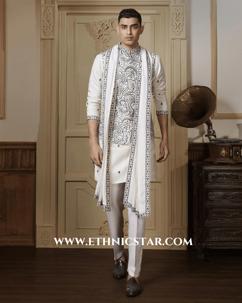 Off White Cotton Silk Thread Embroidered Nehru Jacket Set For Men