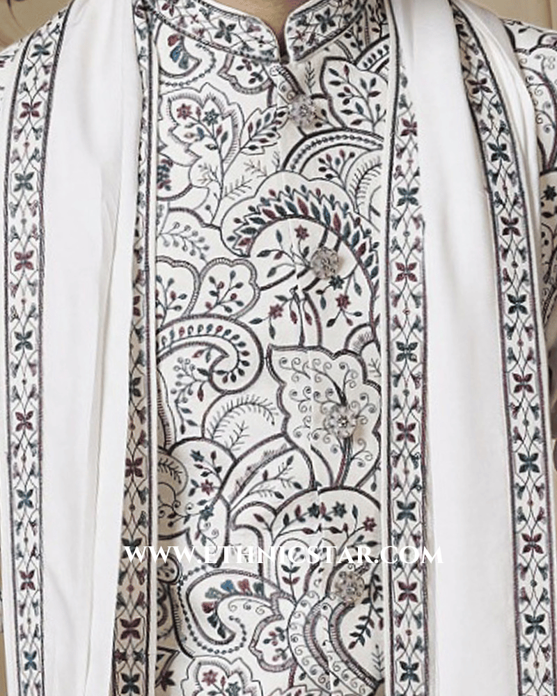 Off White Cotton Silk Thread Embroidered Nehru Jacket Set For Men