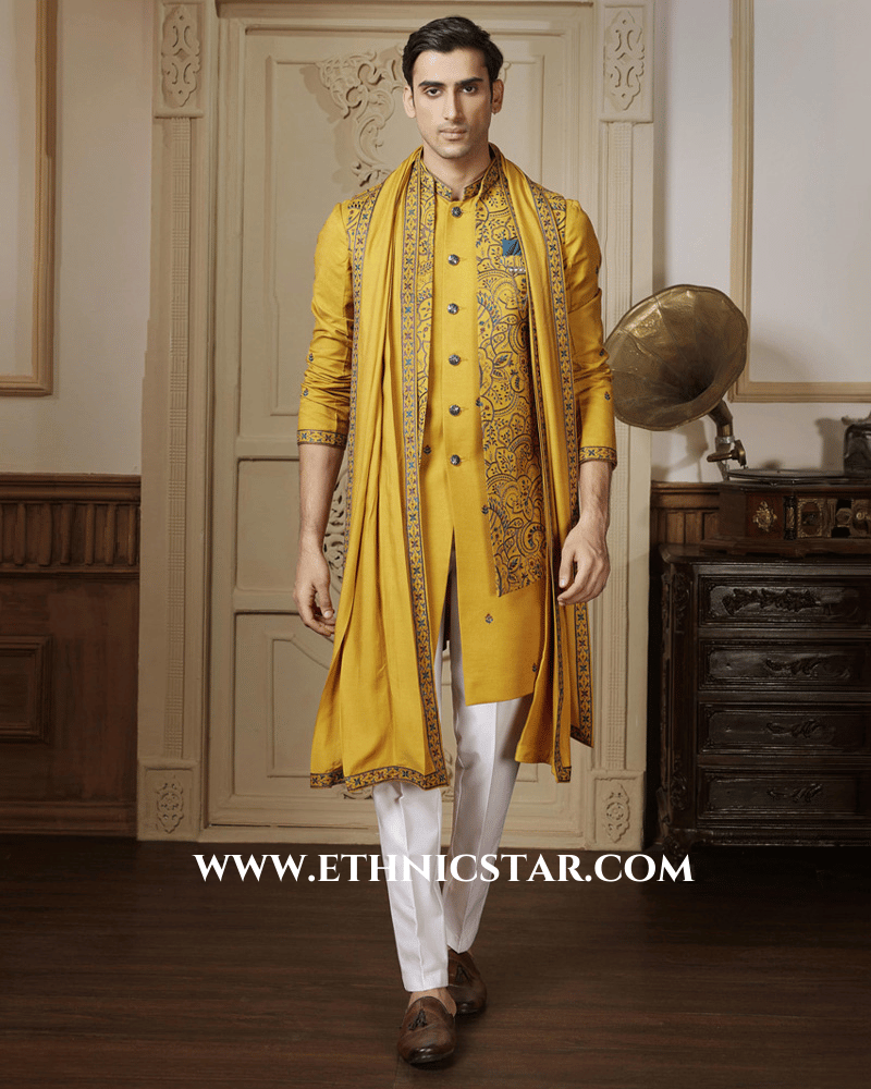 Elegant Cotton Silk Mustard Yellow Nehru Jacket Set With Dupatta