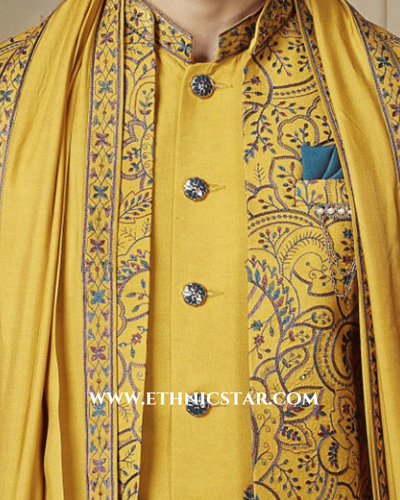 Elegant Cotton Silk Mustard Yellow Nehru Jacket Set With Dupatta