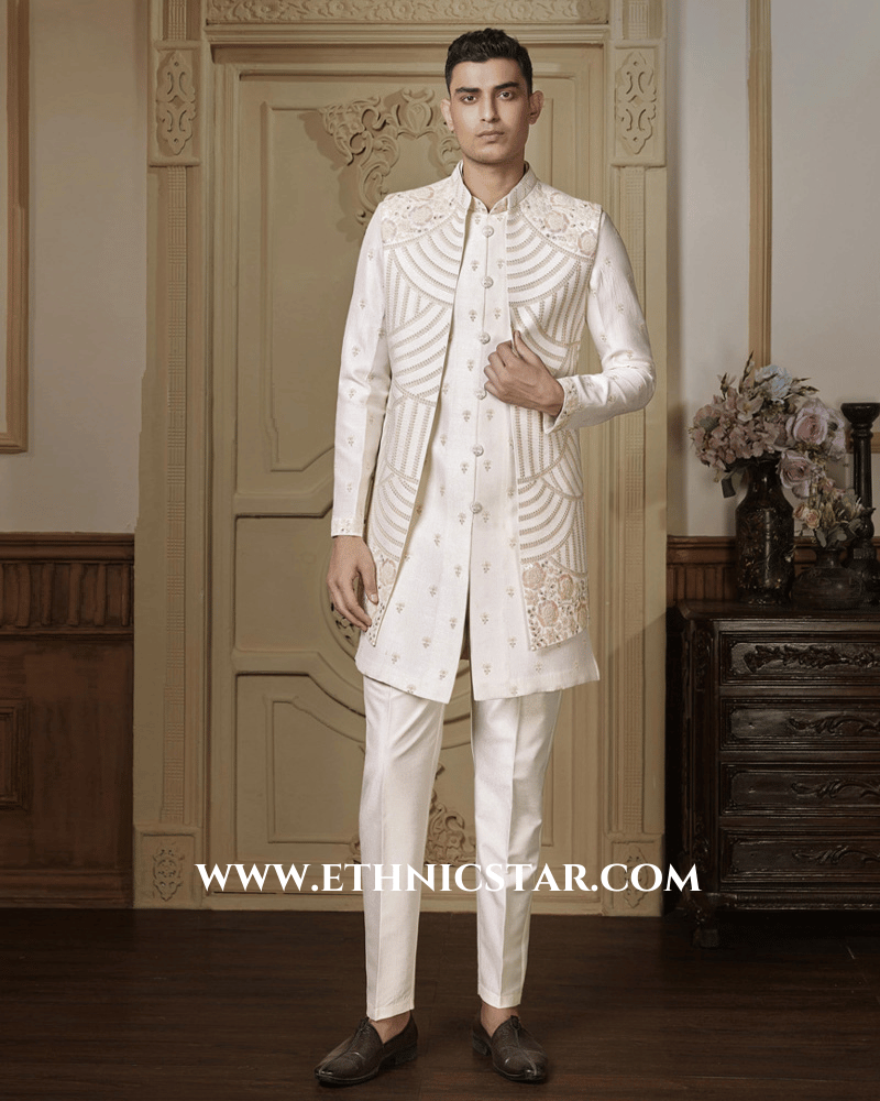 Cream Silk Wedding Wear Thread Embroidered Nehru Jacket Set