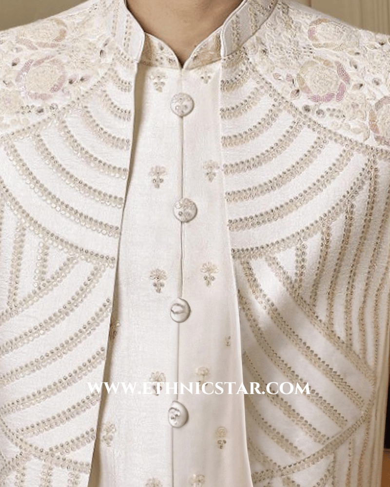 Cream Silk Wedding Wear Thread Embroidered Nehru Jacket Set