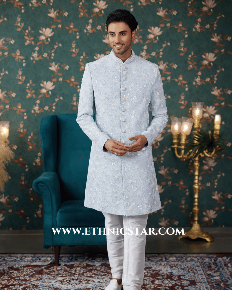 Festive Wear Sky Blue Embroidered Indowestern Set For Men