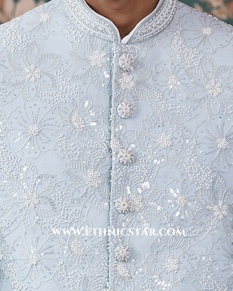Festive Wear Sky Blue Embroidered Indowestern Set For Men