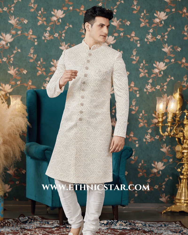 Golden Cream Art Silk Sequins Embellished Indowestern Set