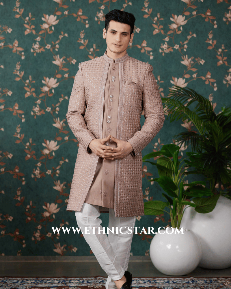 Light Brown Art Silk Indowestern Set For Wedding