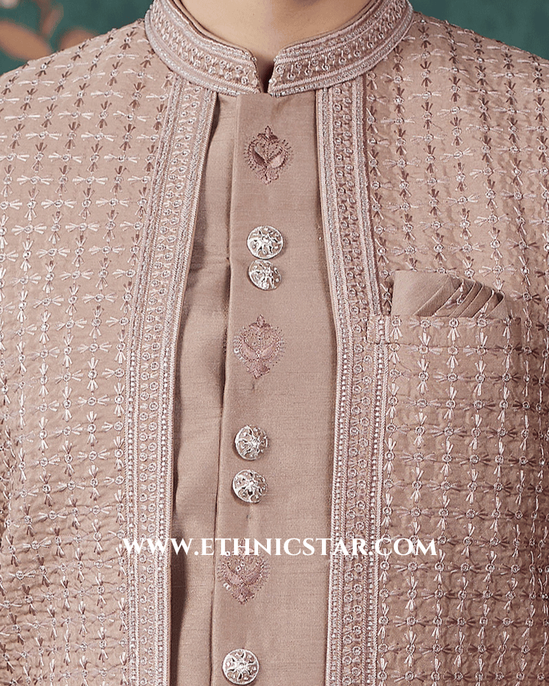 Light Brown Art Silk Indowestern Set For Wedding