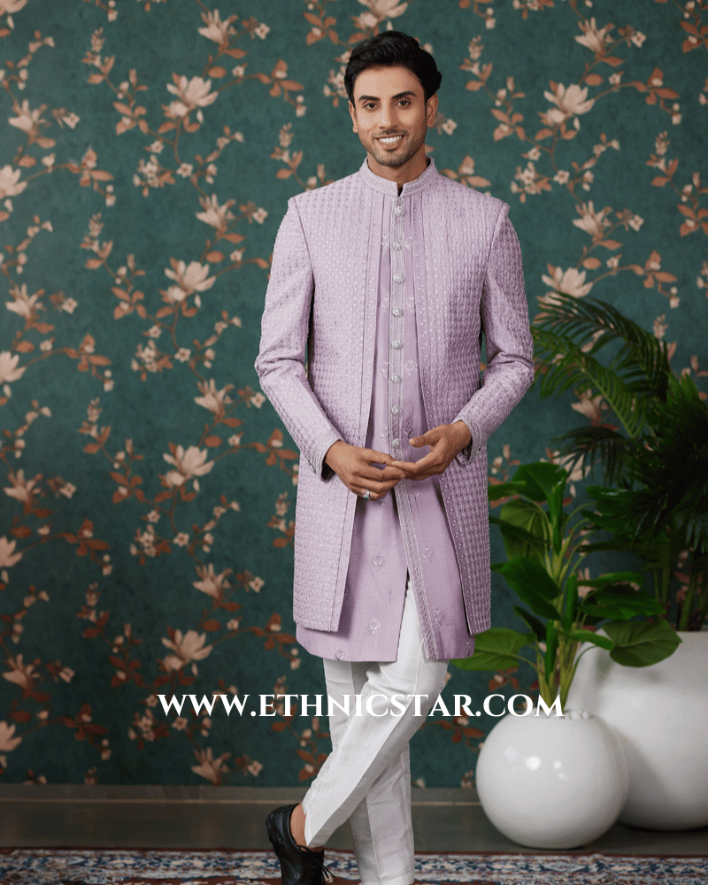 Light Purple Art Silk Indowestern Set With Embroidered Jacket