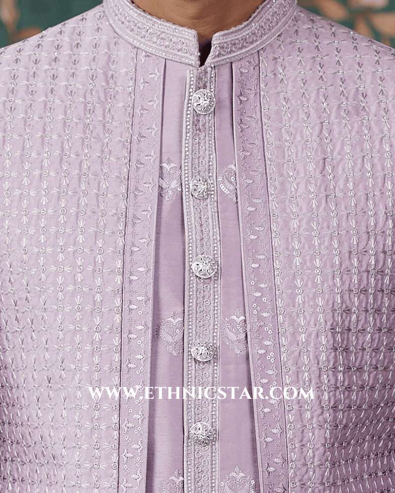 Light Purple Art Silk Indowestern Set With Embroidered Jacket