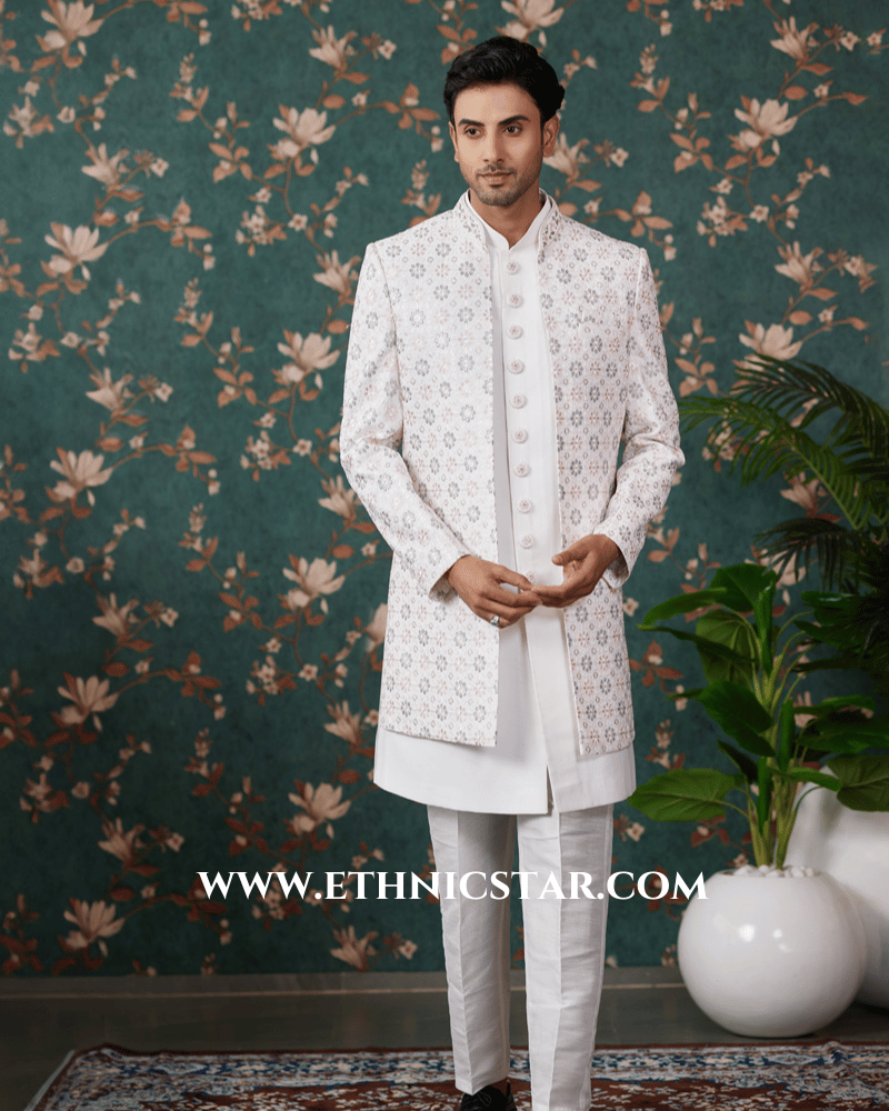 Cream Wedding Indowestern Set With Embroidered Jacket