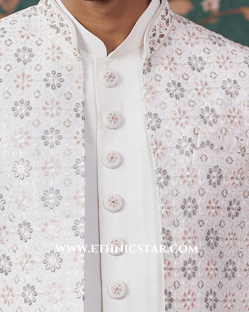 Cream Wedding Indowestern Set With Embroidered Jacket