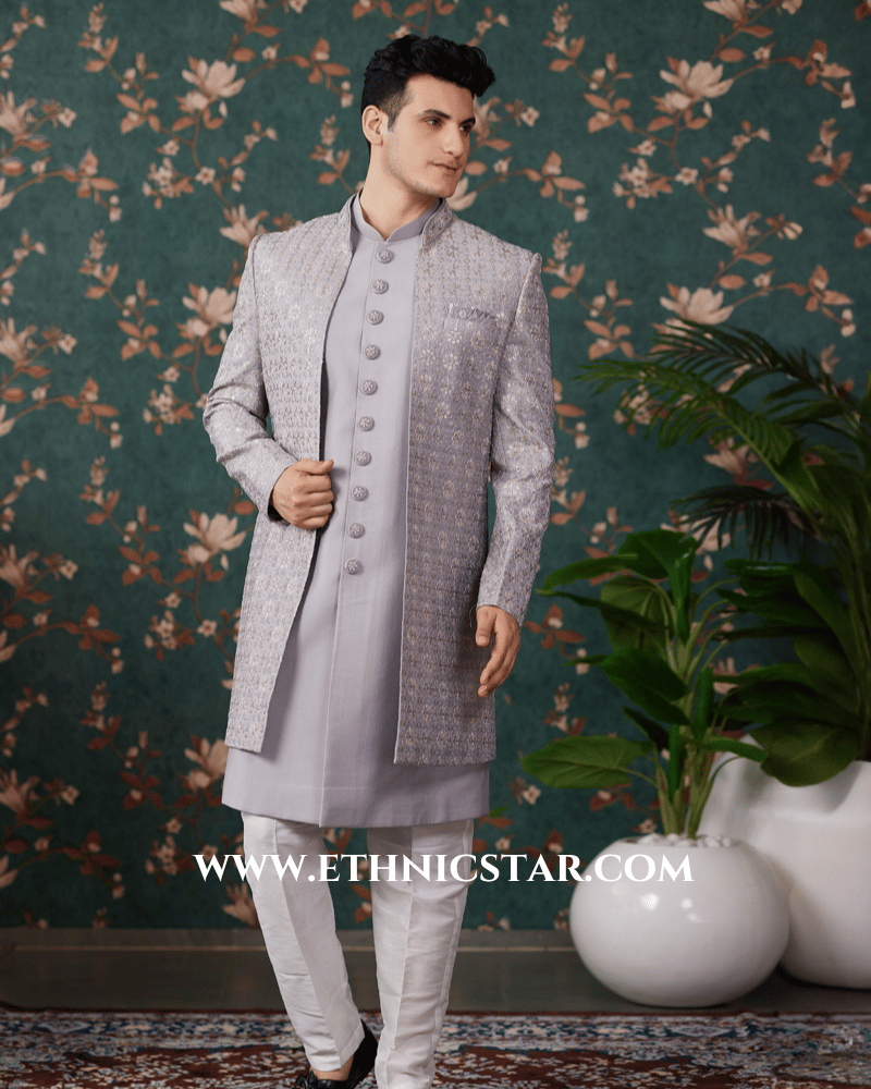 Elegant Grey Embroidered Indowestern Set With Jacket